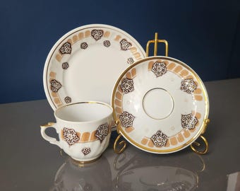Riga Porzellan Espresso-Set: Goldrand-Kaffeetasse, Untertasse, Teller