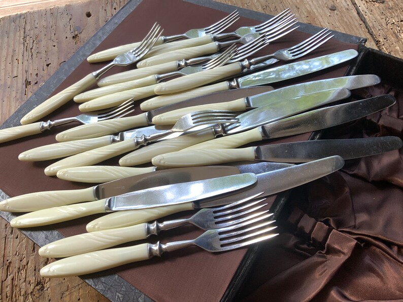 May include: A vintage set of cutlery with ivory handles. The set includes forks and knives. The cutlery is arranged in a brown leather case.