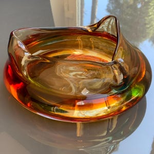 Mid-Century Amber Art Glass Bowl: Bohemian Ashtray, Candle Holder