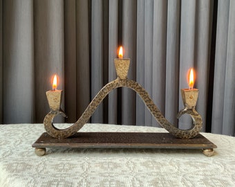 Hand-forged metal candle holder for three candles, H 5.9-inch (15cm) candle made by a blacksmith—iron candle holder.