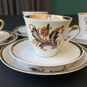 COFFEE SET  Latvian Vintage,  4 sets, Thin Porcelain Cup, Saucer, Dessert Plate with Ornamental Decal Made in Latvia