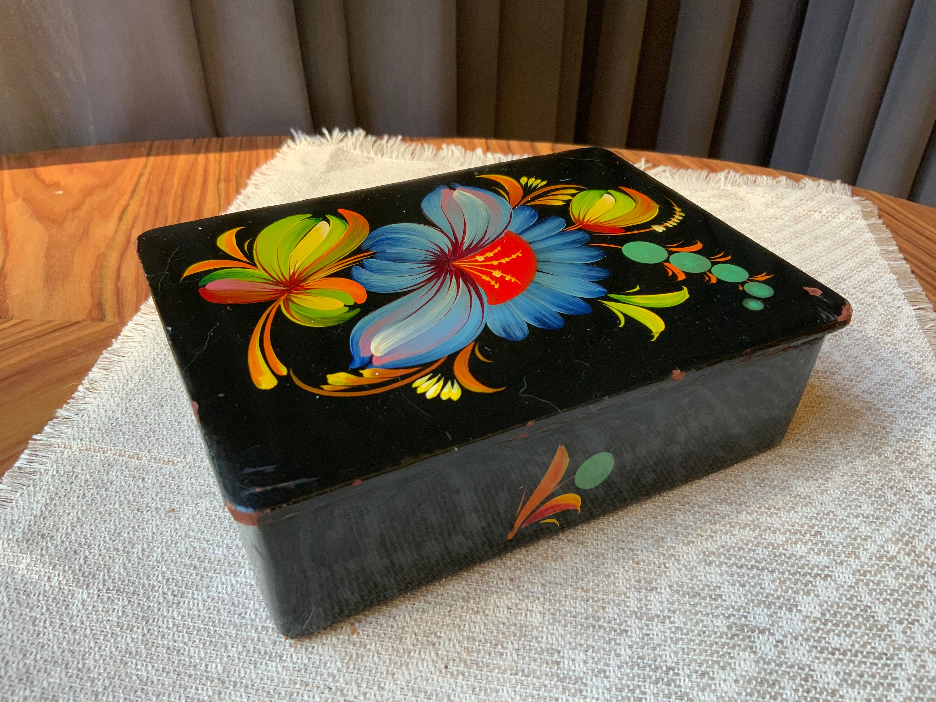 Hand Painted Lacquer Jewelry Box, Petrykivka Floral Trinket Chest
