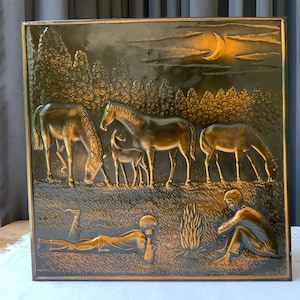 Vintage decorative Metal copper chasing ,Boy with horses plaque, wall mounted  1970-80s