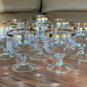 Set of 8 Gold trim cognac glasses with gold rim, liqueur glasses, cognac stemmed glasses, hand-blown, mid century 70s