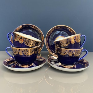 Unused Lomonosov LFZ Imperial Porcelain Cobalt Blue Vintage ONE Cup and Saucer, 22k Gold trim High-Quality Tableware (# 22 )