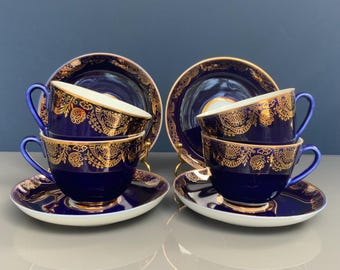 Unused Lomonosov LFZ Imperial Porcelain Cobalt Blue Vintage ONE Cup and Saucer, 22k Gold trim High-Quality Tableware (# 22 )