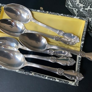 Conjunto de talheres antigos em caixas para 6 pessoas. Talheres estéticos Melchior. Talheres de meados do século, banhados a prata.