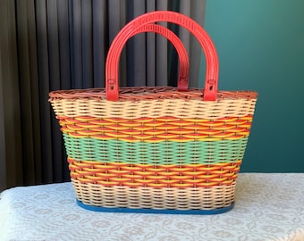Vintage Woven Shopping Basket: Colorful Plastic Avoska, Picnic Beach Bag