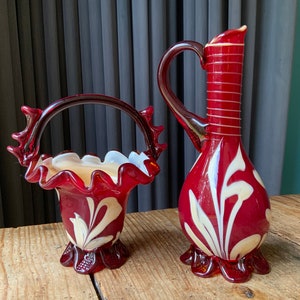 Ruby red glass carafe-Vase and candy bowl, hand-blown glass