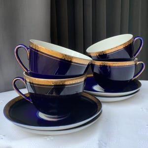 Lomonosov Imperial Porcelain Cobalt Blue Vintage Tea Cups - Set of 4