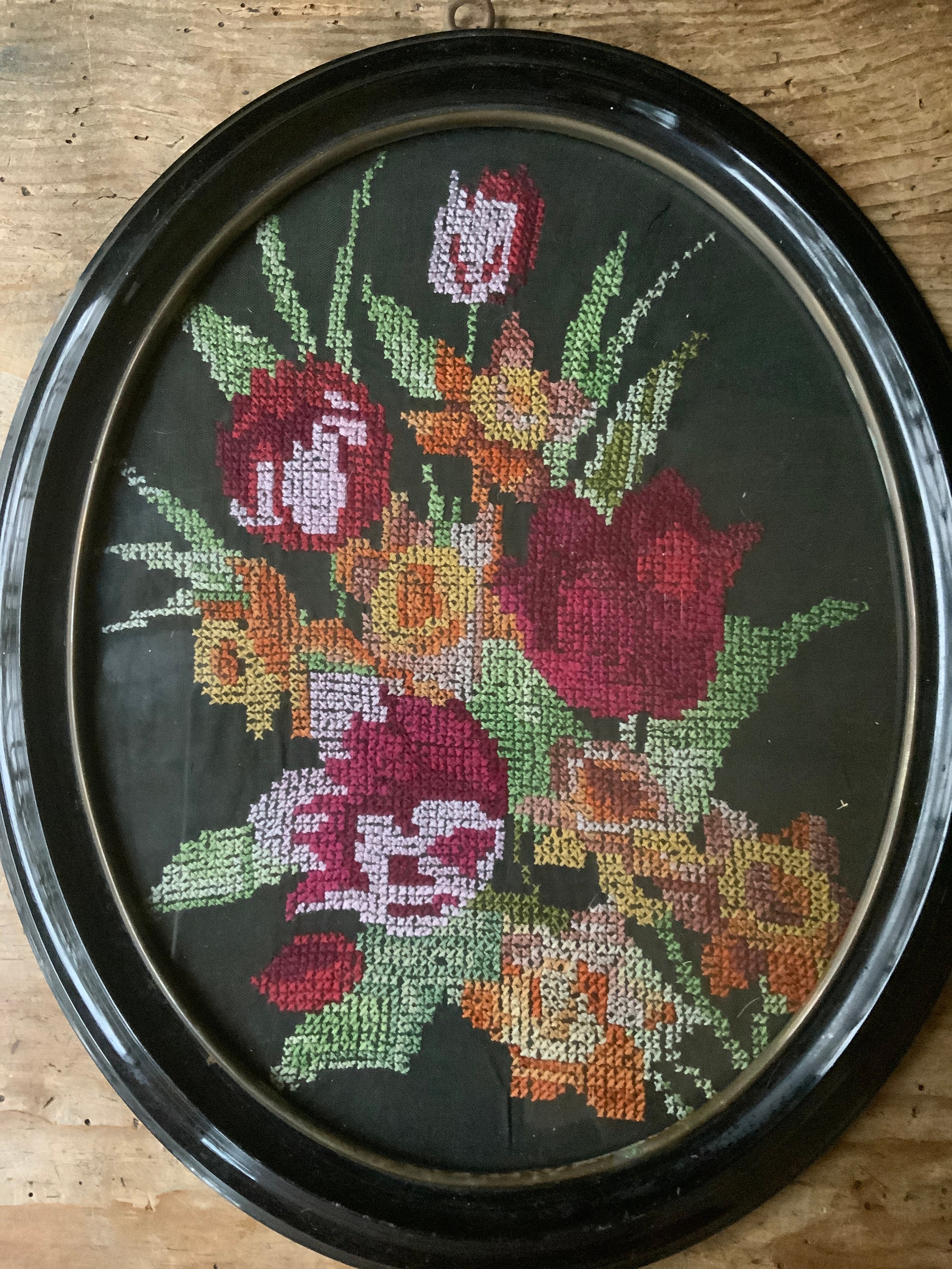 Framed Floral Cross Stitch: Vintage Hand-embroidered Art  display picture 1