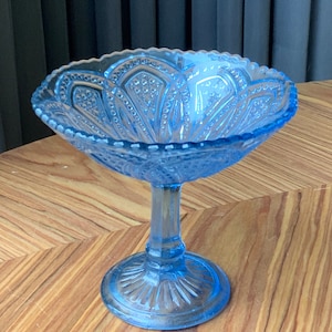 Footed pressed ornament  Blue Glass Design Pedestal Bowl Candy Dish, Sweet Bow  Decorative Glass Art, Gift Idea