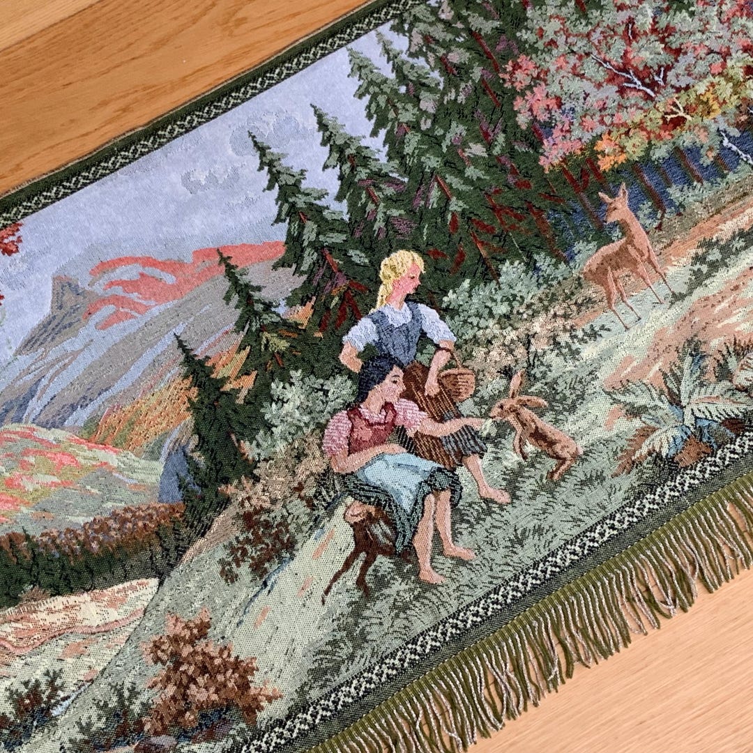 Unused, Vintage Tapestry Rug: Rabbit, Deer, Mountain Scene (1950s-60s ...