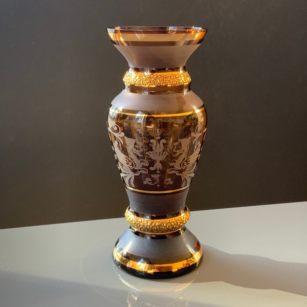 Bohemian brown glass vase, gold-rimmed, etched glass vase, 5.9in tall