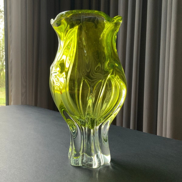 Massive Vase Yellow Lime Fresh Colorful Designed by Author Josef Hospodka Studio Glassworks Chribska Large Modern For Flower Collectable 60s