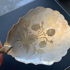 Puede incluir: Una cuchara de servir de plata con un diseño adornado de fresas y hojas. La cuchara tiene un borde festoneado y un mango largo.