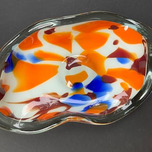 Mid century multicolor serving bowl. Vintage hand blown glass vase. Art deco large bowl. Heavy glass vase