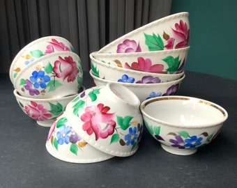 Cuenco de porcelana vintage, cuencos pintados a mano con pintura de flores, porcelana de los años 70