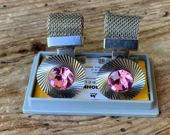 Vintage USSR Cufflinks, Pink Rhinestone, New in Box, 1980s
