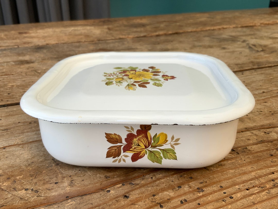 Vintage Enamel Box, Enamelware Refrigerator Box White With Black Trim