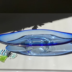 Blue Art Glass Sculpture Bowl: Footed Serving Dish