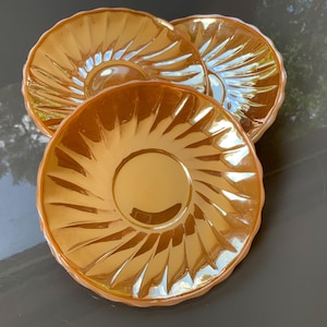 Gold Shiny Fire King Peach Luster Swirl 3x Saucers. D 15cm / 5.9in (# 470 )