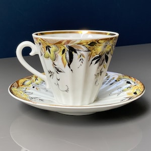Lomonosov Imperial porcelain, Vintage green leaves porcelain Cup and Saucer,  Ornament leaves, teacup saucer, LFZ Lomonosov