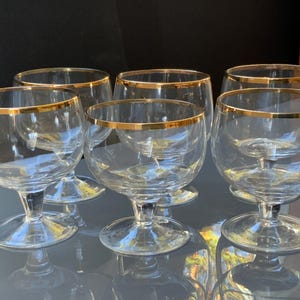 Set of 8 Gold trim cognac glasses with gold rim, liqueur glasses, cognac stemmed glasses, hand-blown, mid century 70s