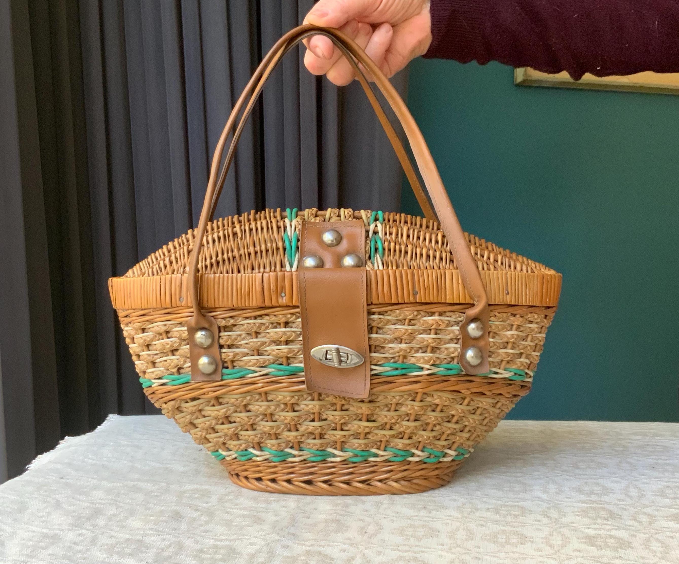 ヴィンテージ籐ピクニックバスケット：編み込みビーチバッグ - Etsy 日本