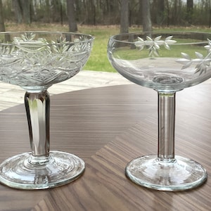 Mismatched Vintage Etched Glass Dessert Dishes: Pedestal Bowls