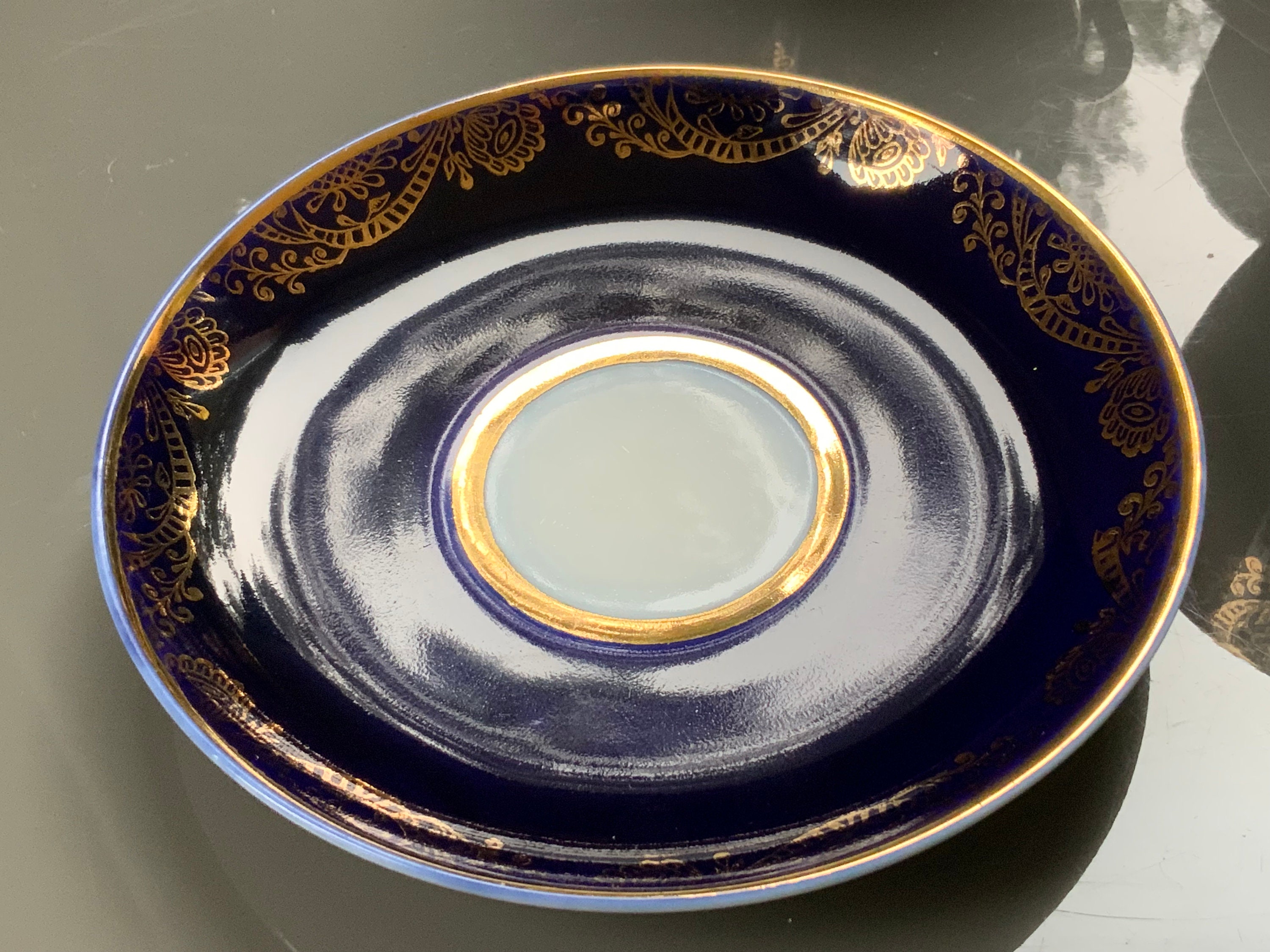 Vintage Lomonosov Porcelain Tea Cup Duo: Cobalt Blue, Gold Hand