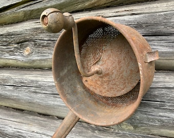 Vintage French Food Mill, Manual Vegetable Mill, Metal Puree Masher, Wooden Handle, Rusty Metal, Antique Kitchen Utensils