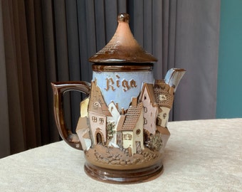 Riga Latvia figural teapot, ceramic-pottery decorative pot.