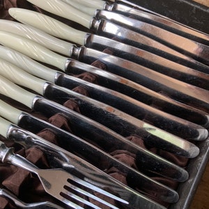 May include: A set of silver cutlery with white pearl handles in a brown velvet case. The cutlery includes knives, forks, and spoons.