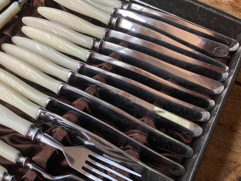 May include: A set of silver cutlery with white pearl handles in a brown velvet case. The cutlery includes knives, forks, and spoons.
