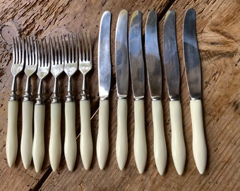 Antique Cutlery Set, Bakelite Cutlery Flatware,  6 Knives & 6 Forks, Vintage Beige Tone Handles, Soviet-era 1960s stainless steel (#296)