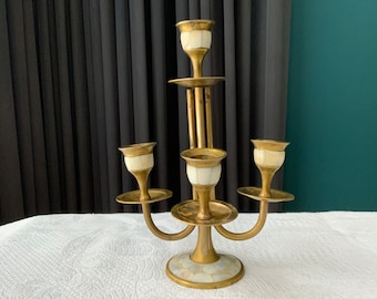 Brass 5 Arm Candelabra, Mother of Pearl and Brass Candlestick, Wedding Brass Candlestick Mother of Pearl.