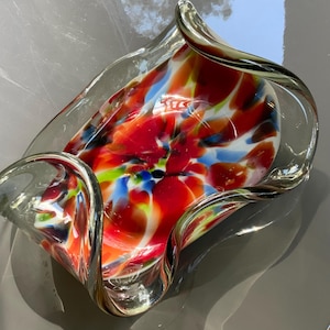 Mid-century handcrafted, multicolor serving bowl. Vintage hand-blown glass vase. Art Deco fluid shape bowl. Heavy glass vase
