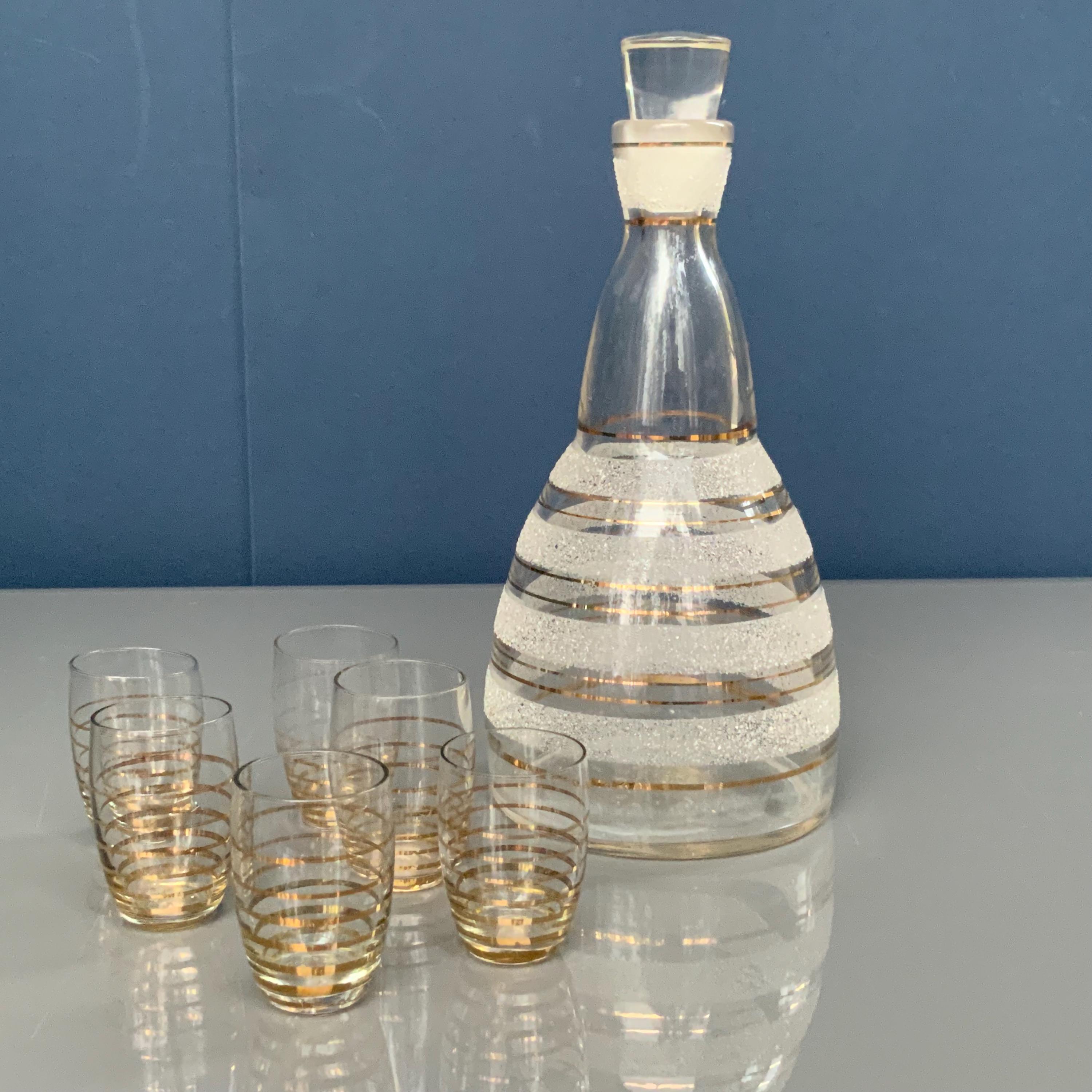 Vintage Frosted Glass Decanter Set: Gold Trimmed Shot Glasses
