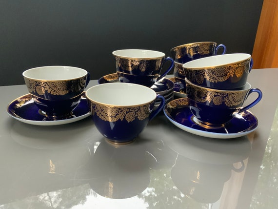 Vintage Lomonosov Porcelain One Tea Cup and One Saucer, Cobalt