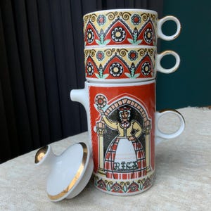 Vintage Riga Porcelain Espresso Set: Latvian Ethnic Design, Stackable Coffee Pot & Cups