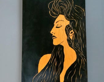 Vintage geschnitztes Holz Wandbild: Handgemachte Retro Malerei, signiert