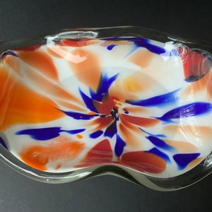 Mid century multicolor serving bowl. Vintage hand blown glass vase. Art deco large bowl. Heavy glass vase