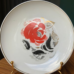 Vintage Lomonosov Plate: Soviet-Era Gold Rim, Red Floral Decor