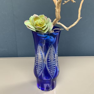 Vaso in vetro blu per fiori, Decorazione per la casa, Vaso in vetro inciso, 8,6 pollici di altezza