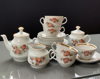 Riga Porcelain Tea Set, Pine Cone Decor, USSR Vintage