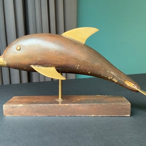 Vintage wood-Brass hand-carved dolphin figurine
