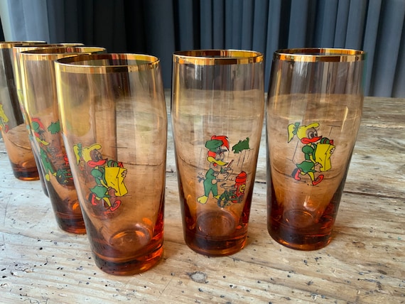 Bicchiere per bambini vintage per succo o acqua ,Set di 6 bicchieri per  bambini, decalcomania delle fiabe, bicchieri di vetro rosa-marrone che  bevono regalo per bambini, anni '90 2 -  Italia
