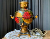 Vintage Russian Samovar, Khokhloma Hand Painted,Tea Kettle, USSR Brass Teapot, Wild berries, Rustic Shabby chic farmhouse decor.