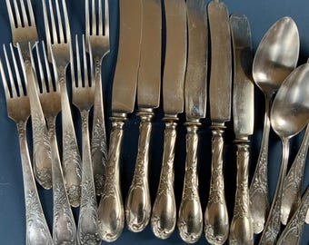 Vintage Stainless Steel Silverware Knives and Forks, Art Nouveau Cutlery  (# 313 )
